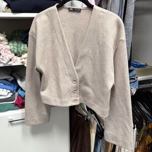 Zara Beige Cropped V-Neck Button Cardigan